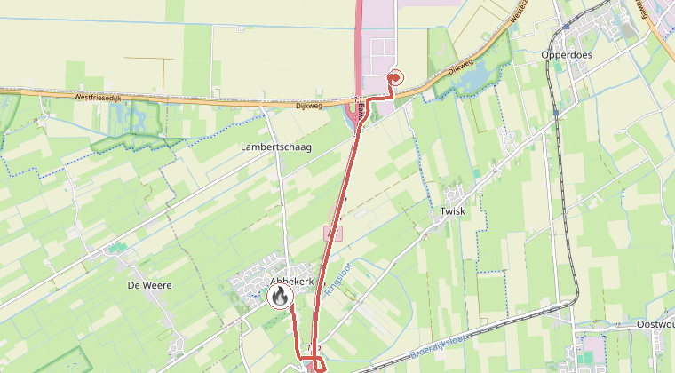 Kaart van de omgeving van de melding, met de kazerne die is gealarmeerd
