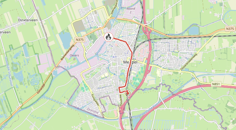 Kaart van de omgeving van de melding, met de kazerne die is gealarmeerd