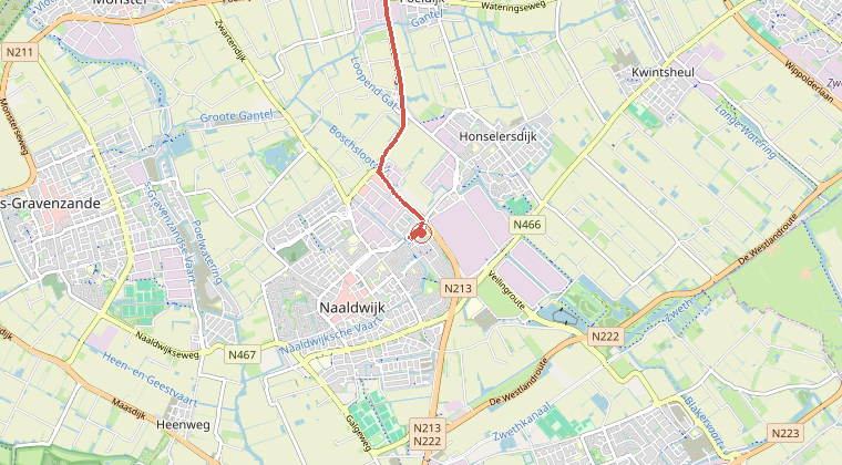 Kaart van de omgeving van de melding, met de kazerne die is gealarmeerd