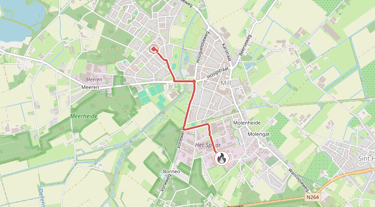 Kaart van de omgeving van de melding, met de kazerne die is gealarmeerd