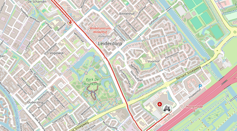 Kaart van de omgeving van de melding, met de kazerne die is gealarmeerd