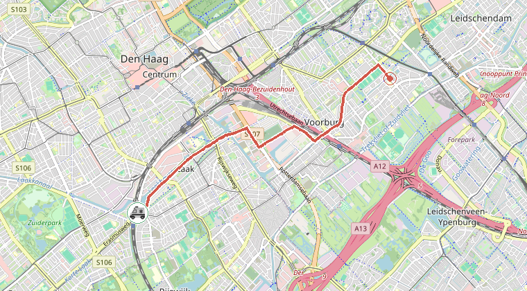 Kaart van de omgeving van de melding, met de kazerne die is gealarmeerd