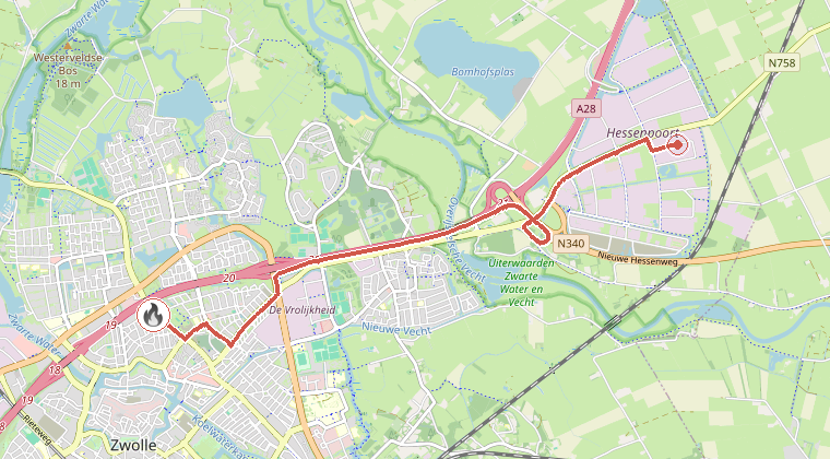 Kaart van de omgeving van de melding, met de kazerne die is gealarmeerd