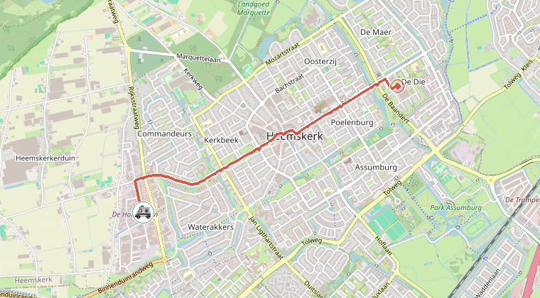 Kaart van de omgeving van de melding, met de kazerne die is gealarmeerd