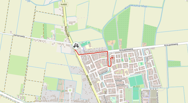 Kaart van de omgeving van de melding, met de kazerne die is gealarmeerd