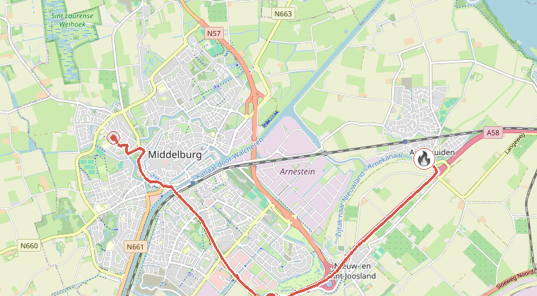 Kaart van de omgeving van de melding, met de kazerne die is gealarmeerd