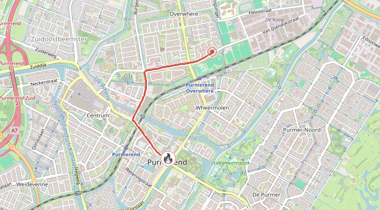 Kaart van de omgeving van de melding, met de kazerne die is gealarmeerd