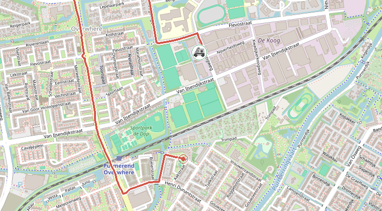 Kaart van de omgeving van de melding, met de kazerne die is gealarmeerd