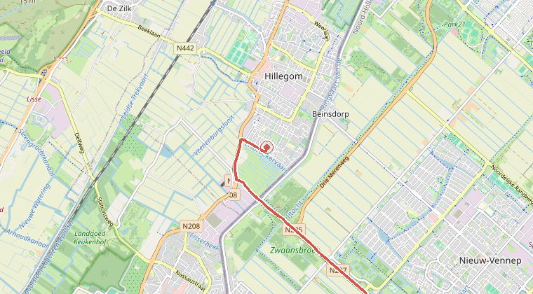 Kaart van de omgeving van de melding, met de kazerne die is gealarmeerd