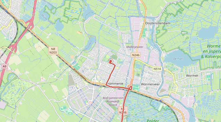 Kaart van de omgeving van de melding, met de kazerne die is gealarmeerd