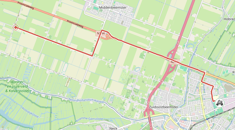 Kaart van de omgeving van de melding, met de kazerne die is gealarmeerd