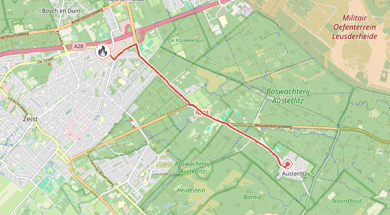 Kaart van de omgeving van de melding, met de kazerne die is gealarmeerd