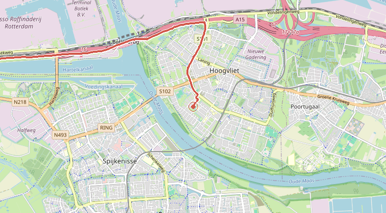 Kaart van de omgeving van de melding, met de kazerne die is gealarmeerd