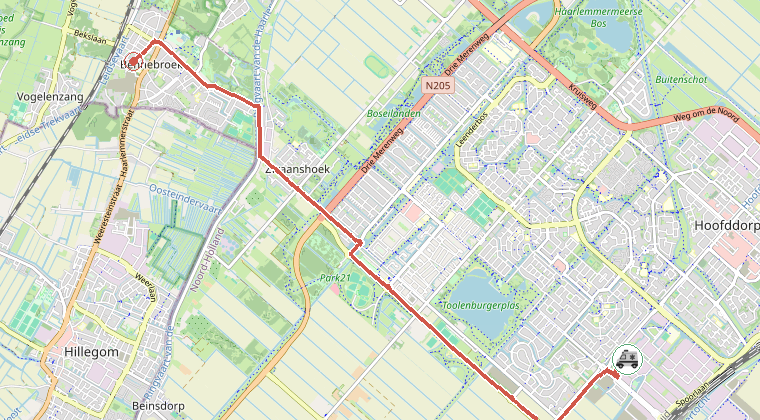 Kaart van de omgeving van de melding, met de kazerne die is gealarmeerd