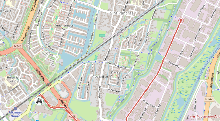 Kaart van de omgeving van de melding, met de kazerne die is gealarmeerd