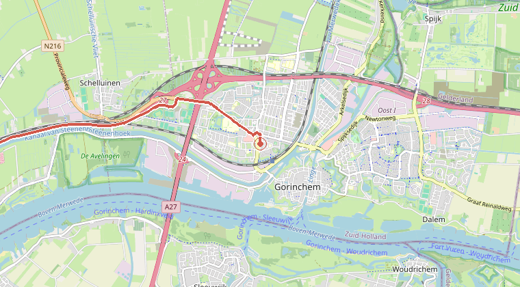Kaart van de omgeving van de melding, met de kazerne die is gealarmeerd