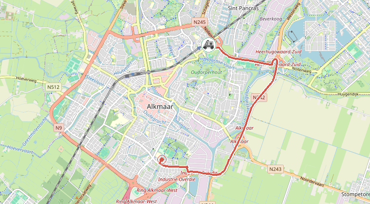 Kaart van de omgeving van de melding, met de kazerne die is gealarmeerd