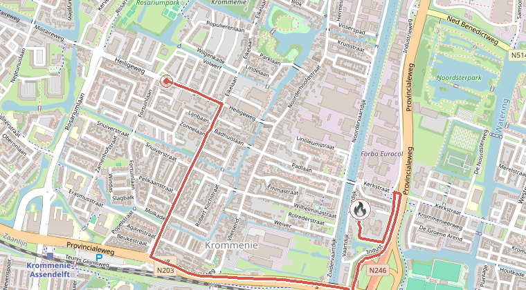 Kaart van de omgeving van de melding, met de kazerne die is gealarmeerd