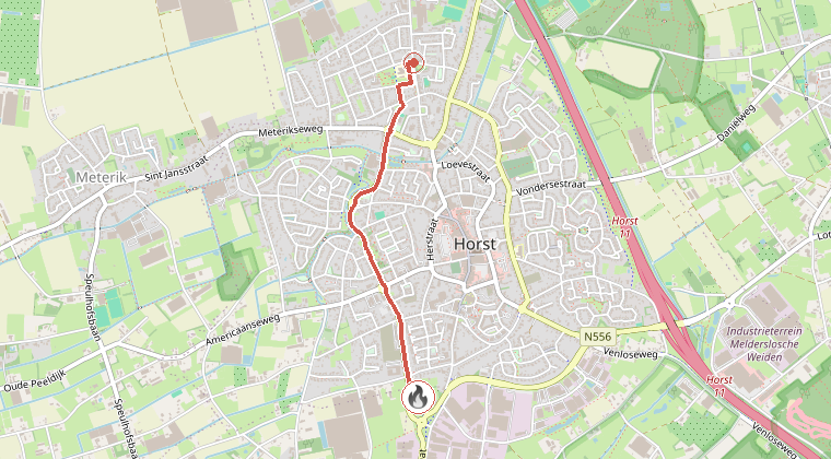Kaart van de omgeving van de melding, met de kazerne die is gealarmeerd