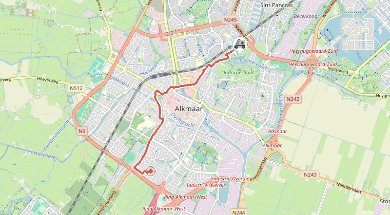 Kaart van de omgeving van de melding, met de kazerne die is gealarmeerd