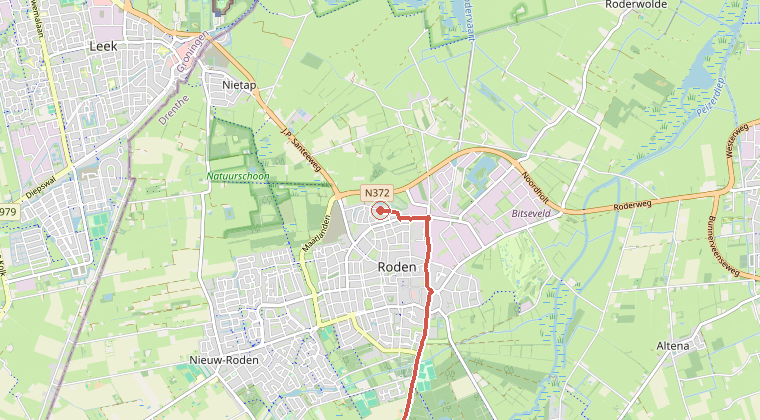 Kaart van de omgeving van de melding, met de kazerne die is gealarmeerd