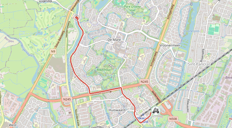 Kaart van de omgeving van de melding, met de kazerne die is gealarmeerd