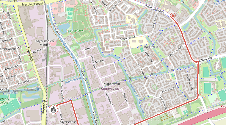 Kaart van de omgeving van de melding, met de kazerne die is gealarmeerd
