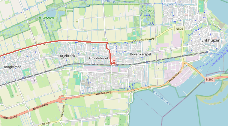 Kaart van de omgeving van de melding, met de kazerne die is gealarmeerd