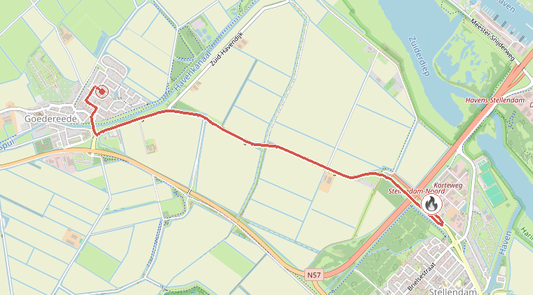 Kaart van de omgeving van de melding, met de kazerne die is gealarmeerd