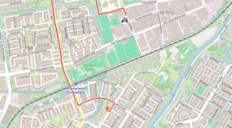 Kaart van de omgeving van de melding, met de kazerne die is gealarmeerd