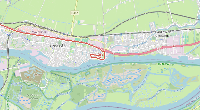 Kaart van de omgeving van de melding, met de kazerne die is gealarmeerd