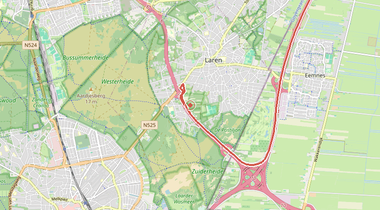 Kaart van de omgeving van de melding, met de kazerne die is gealarmeerd