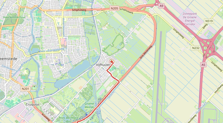 Kaart van de omgeving van de melding, met de kazerne die is gealarmeerd