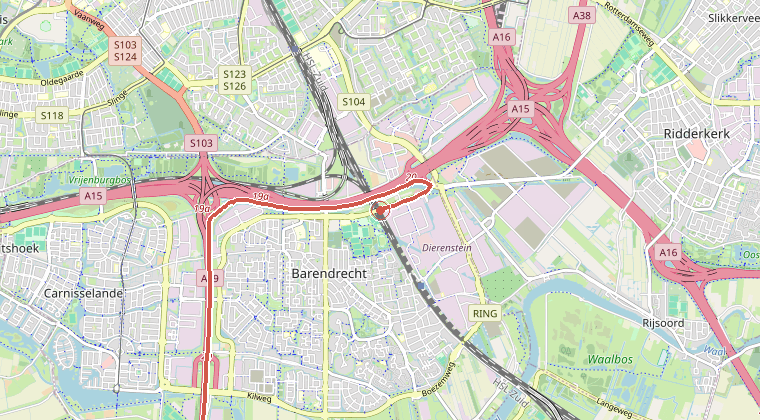 Kaart van de omgeving van de melding, met de kazerne die is gealarmeerd