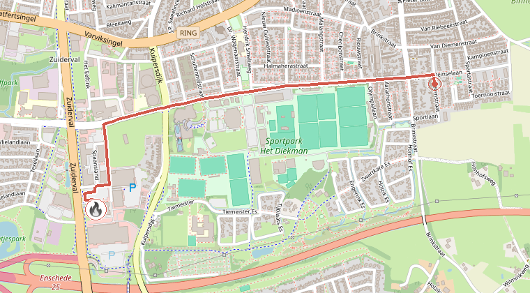 Kaart van de omgeving van de melding, met de kazerne die is gealarmeerd