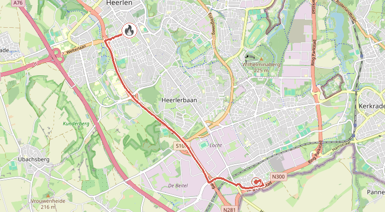 Kaart van de omgeving van de melding, met de kazerne die is gealarmeerd