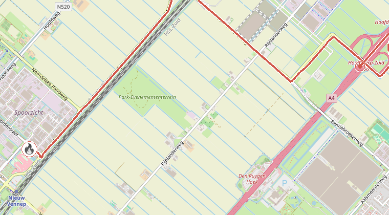 Kaart van de omgeving van de melding, met de kazerne die is gealarmeerd