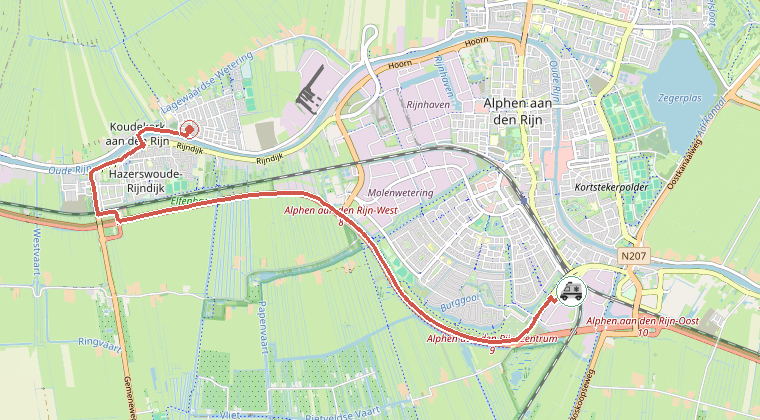 Kaart van de omgeving van de melding, met de kazerne die is gealarmeerd