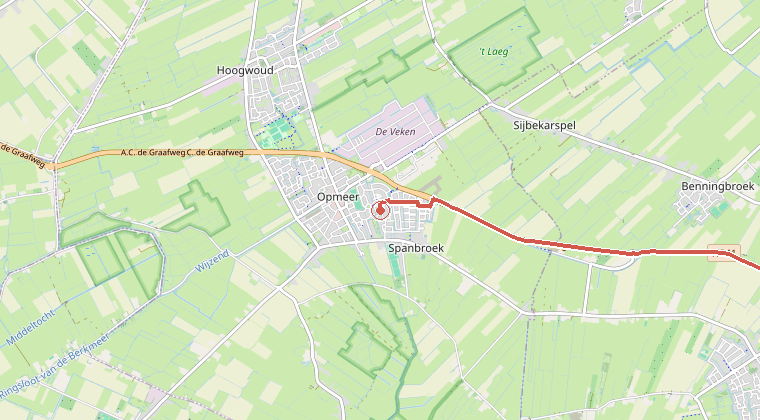 Kaart van de omgeving van de melding, met de kazerne die is gealarmeerd