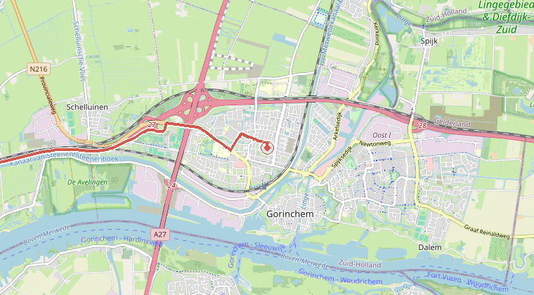 Kaart van de omgeving van de melding, met de kazerne die is gealarmeerd