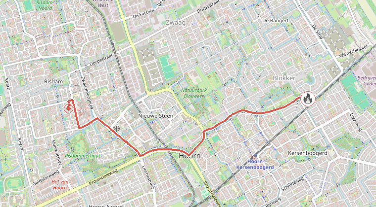 Kaart van de omgeving van de melding, met de kazerne die is gealarmeerd