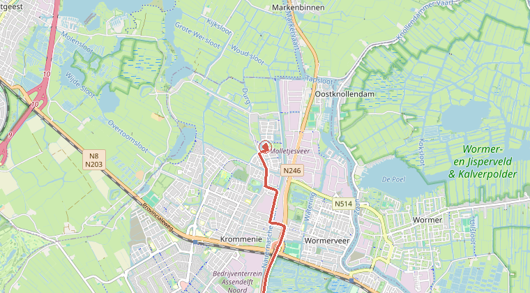 Kaart van de omgeving van de melding, met de kazerne die is gealarmeerd