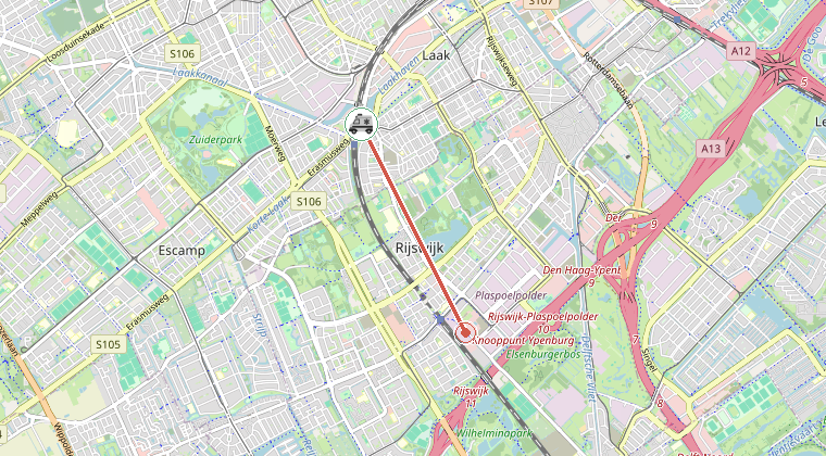 Kaart van de omgeving van de melding, met de kazerne die is gealarmeerd