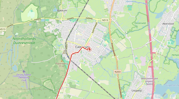 Kaart van de omgeving van de melding, met de kazerne die is gealarmeerd
