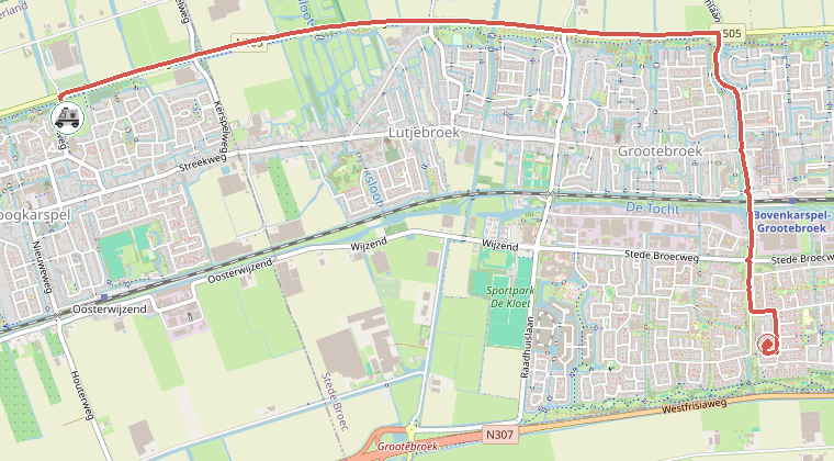 Kaart van de omgeving van de melding, met de kazerne die is gealarmeerd