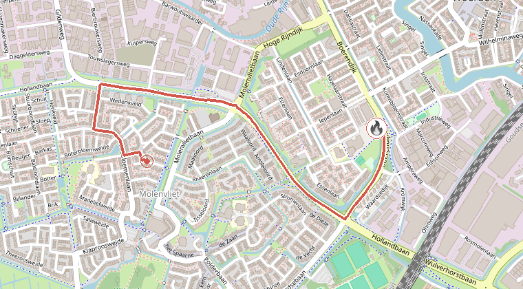Kaart van de omgeving van de melding, met de kazerne die is gealarmeerd