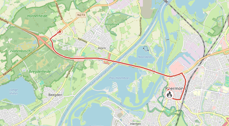Kaart van de omgeving van de melding, met de kazerne die is gealarmeerd