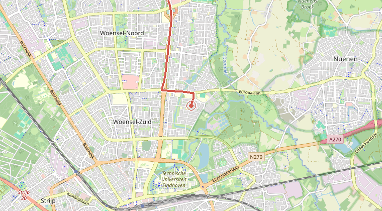 Kaart van de omgeving van de melding, met de kazerne die is gealarmeerd