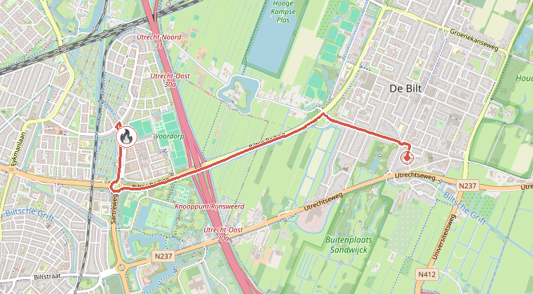 Kaart van de omgeving van de melding, met de kazerne die is gealarmeerd