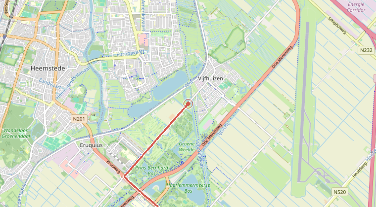 Kaart van de omgeving van de melding, met de kazerne die is gealarmeerd